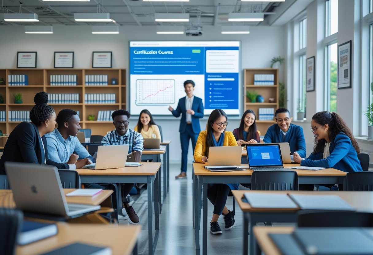 Certification Courses | Students of diverse backgrounds learning and collaborating in a bright university classroom with a professor presenting educational content.