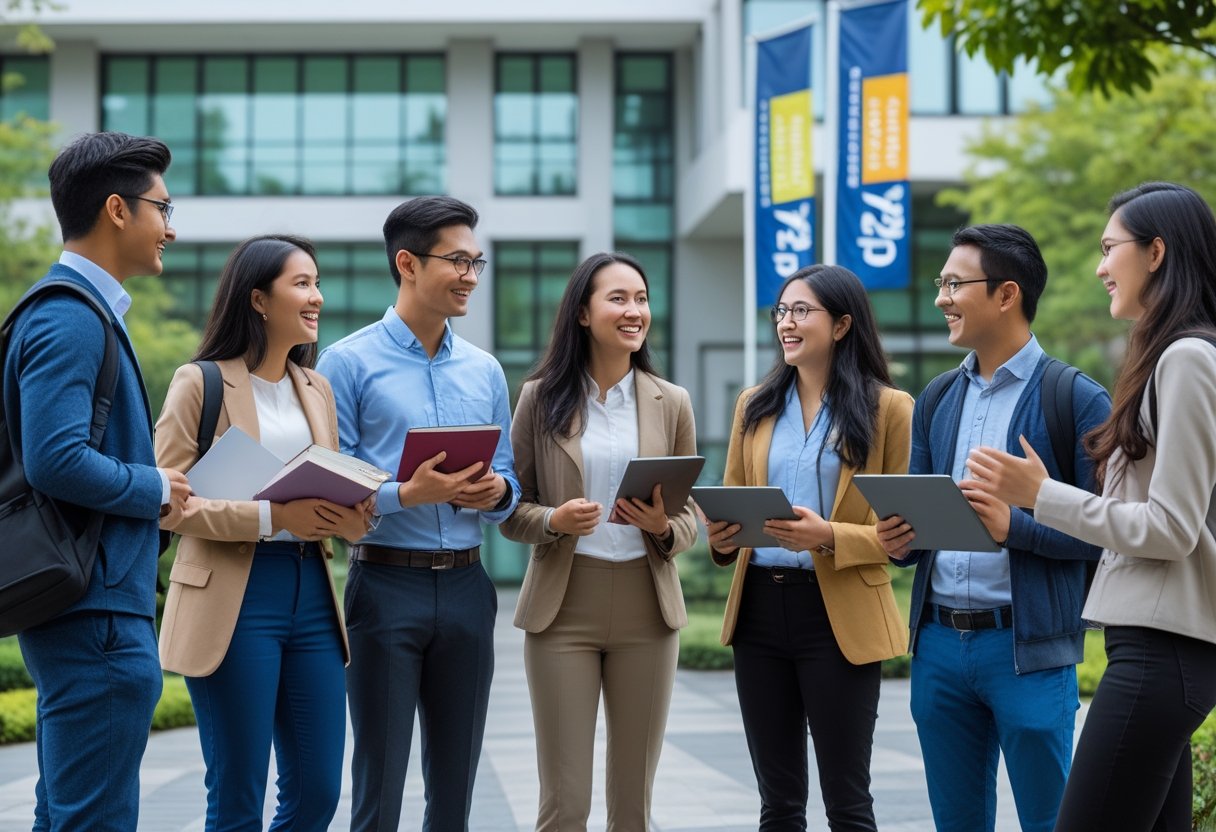 Life Experience Degrees | A diverse group of students and faculty discussing together outside a modern university building on a sunny day.