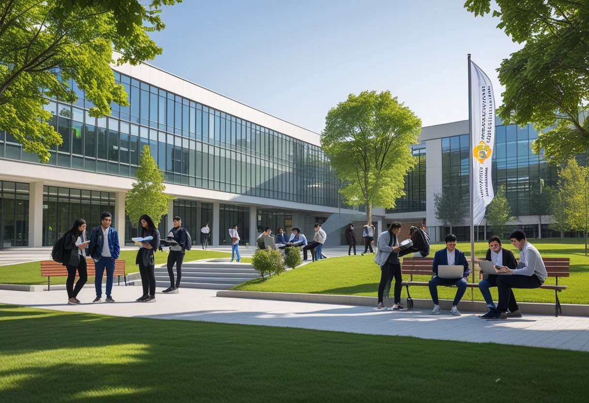 University Degree Fast | Students studying and interacting on a modern university campus with contemporary buildings and green outdoor spaces.