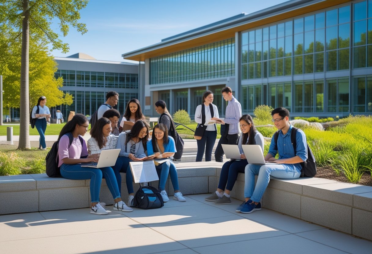 University Degree Fast | A group of diverse university students and faculty studying and discussing outside a modern university building surrounded by greenery.