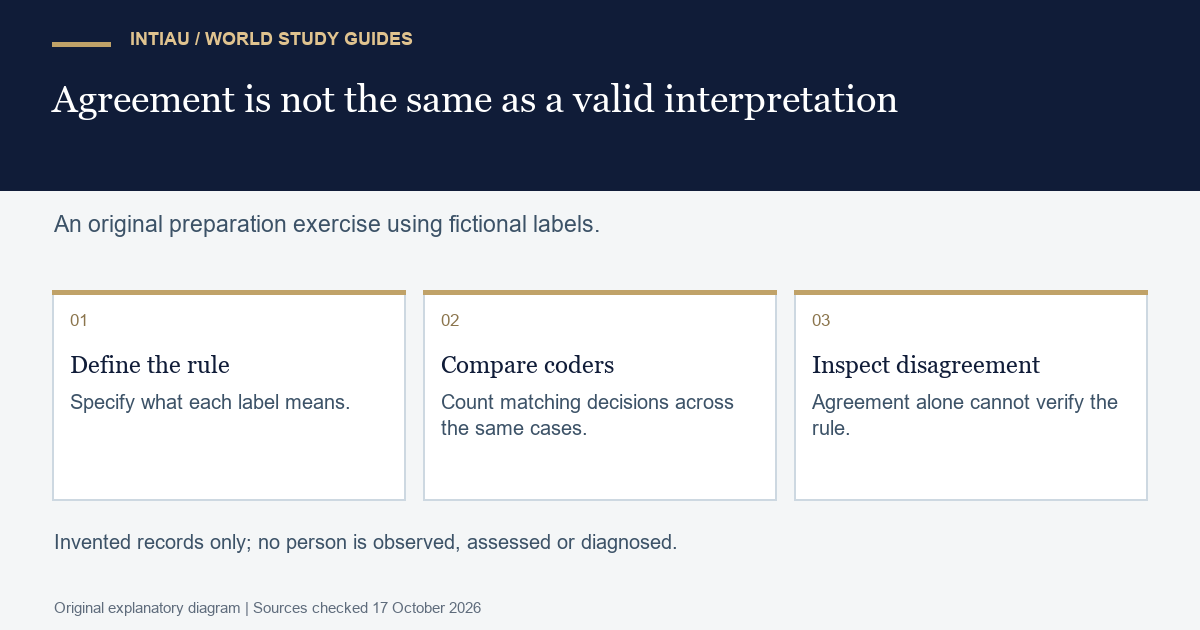 Three cards connect a coding rule, matching decisions and disagreement review in an original psychology exercise using entirely fictional records.
