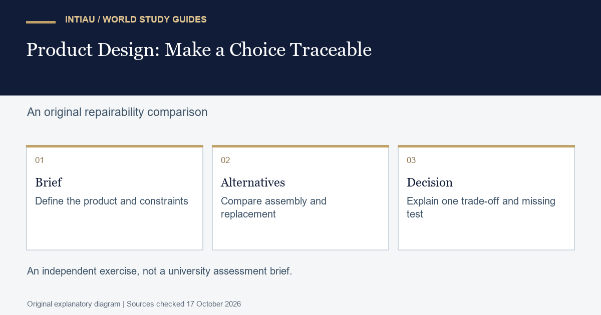 Three cards connect a product brief to assembly alternatives and a documented decision, with a missing test identified at the end.