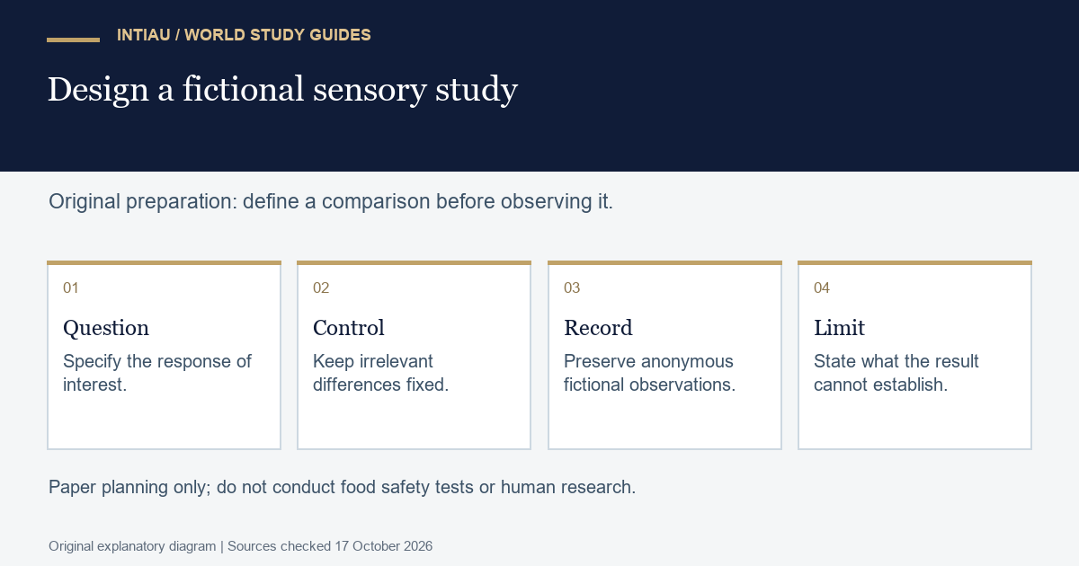 Four cards connect a sensory research question, controlled comparison, fictional observations, and an explicit limit on the interpretation of results.