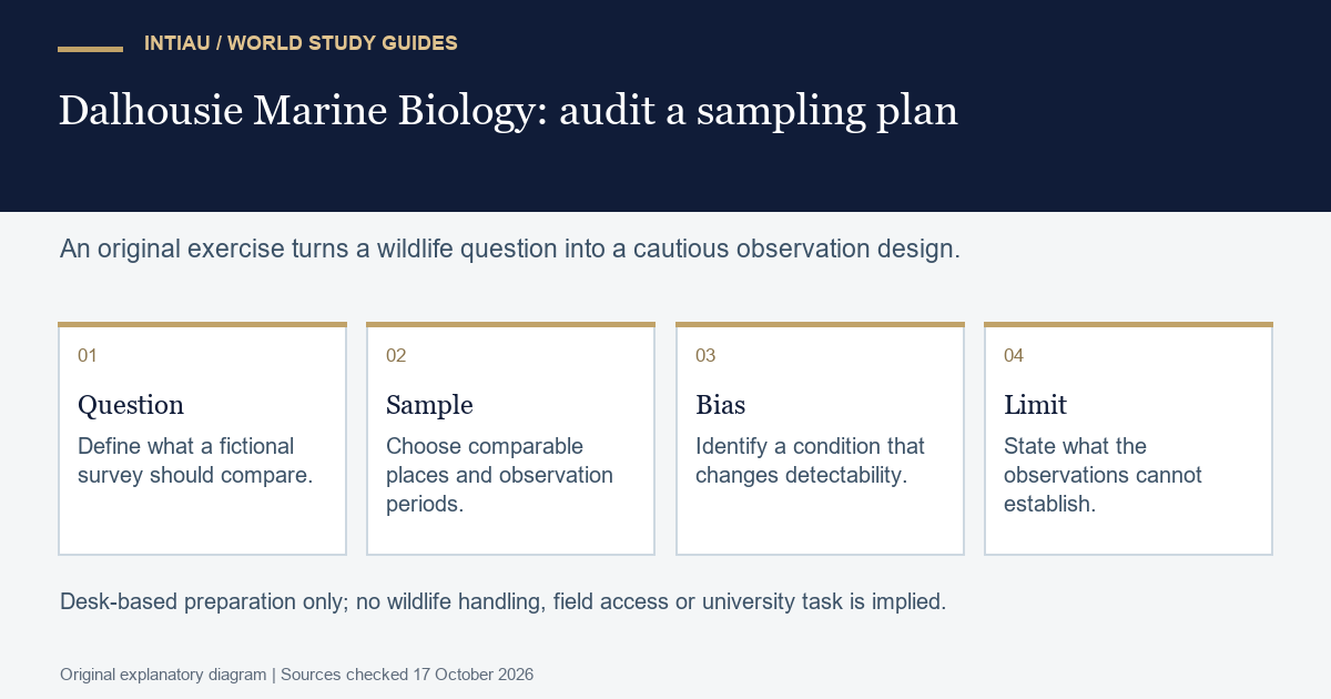 Four cards connect a marine observation question to a sampling plan, a detectability check and a clear statement of limits.