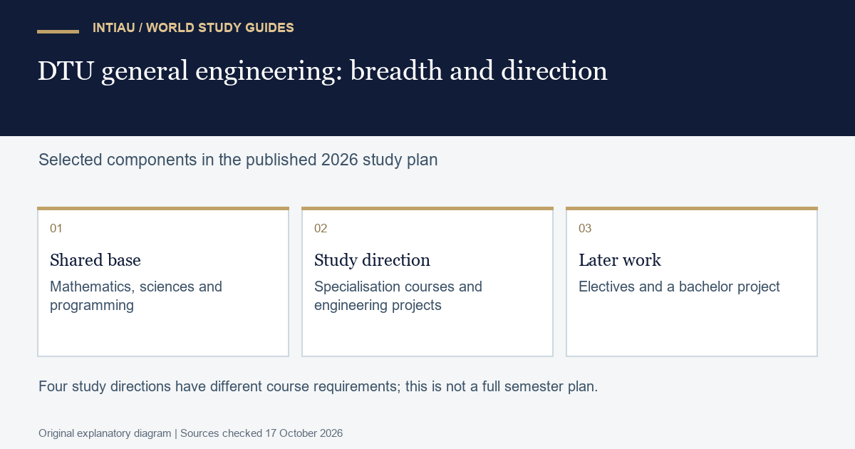 Three cards connect shared scientific foundations with a chosen engineering direction and later project work, without replacing the detailed course requirements.