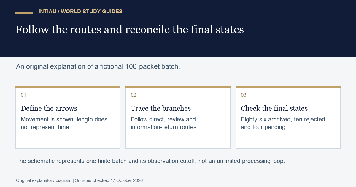 Three cards introduce the legend, trace branches and reconcile final states for a fictional packet batch without inferring speed from arrow length.