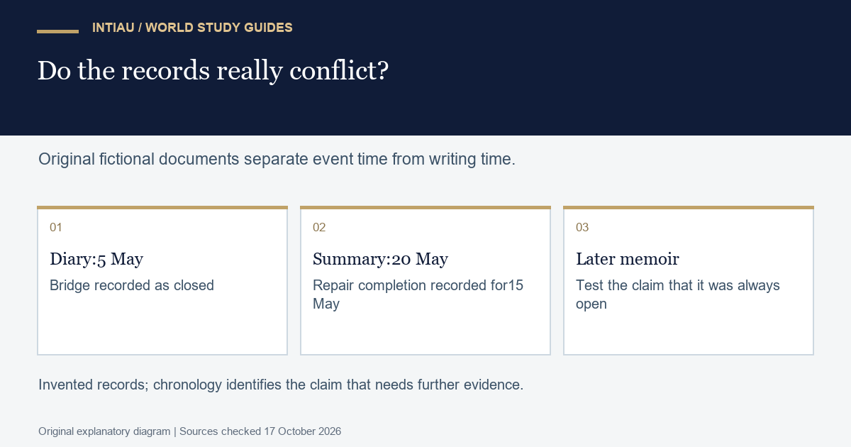 Three cards arrange fictional bridge records by date and identify a later claim that needs comparison with the earlier evidence.