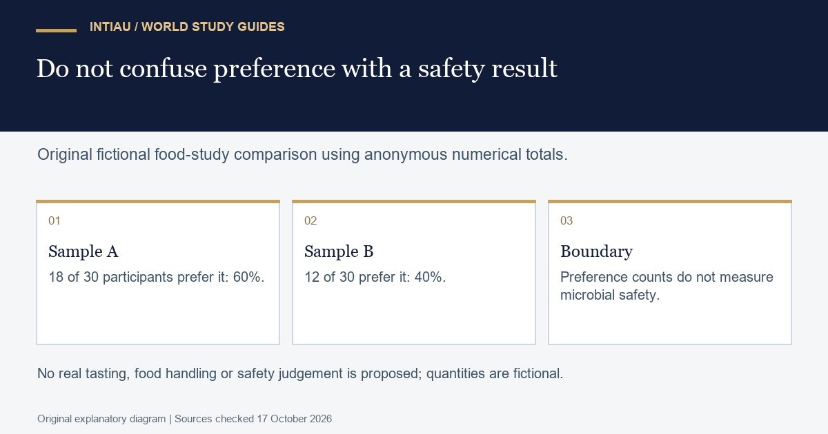 Original diagram comparing fictional food preference totals while separating a preference result from an unmeasured claim about food safety.
