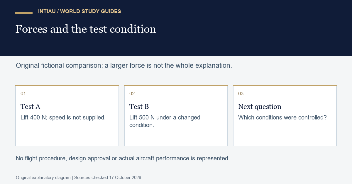 Original three-card exercise comparing fictional lift measurements and asking which test conditions must be recorded before interpreting the difference.