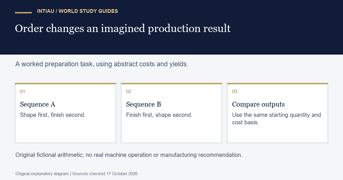 Three cards show two invented production sequences and a common comparison step, illustrating how assumptions determine a worked calculation.