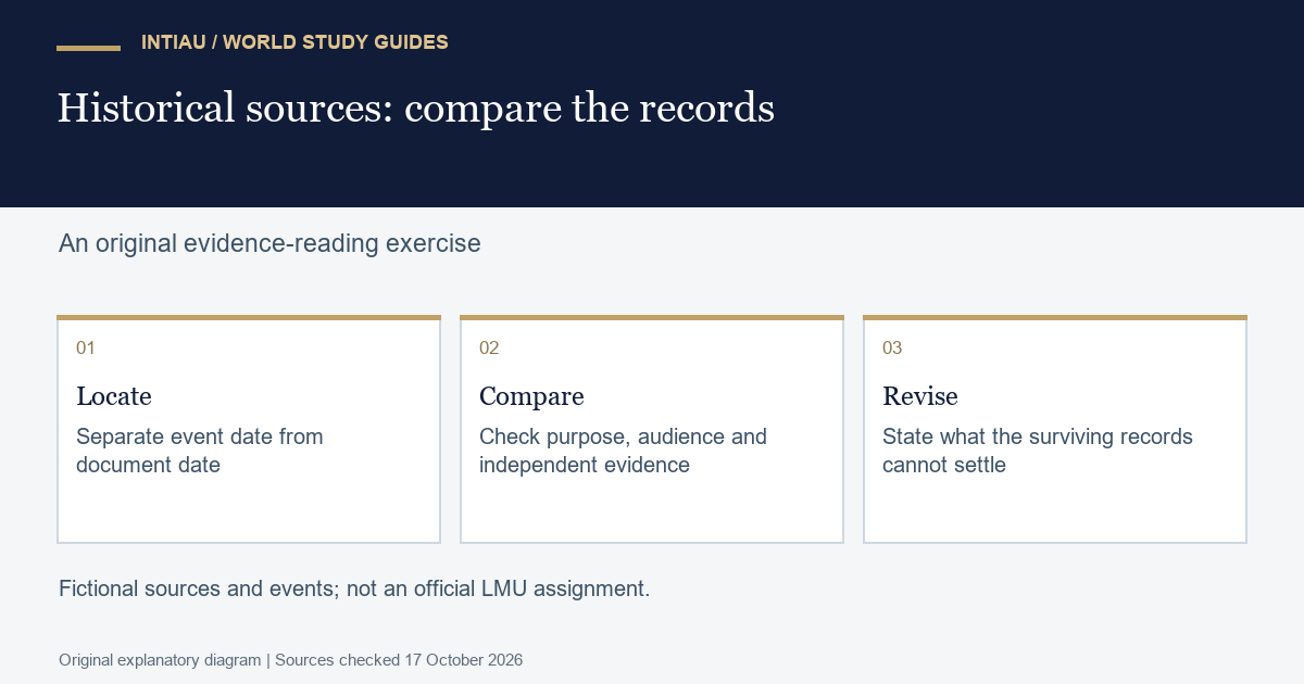 Three cards move from locating a fictional record to comparing evidence and revising a conclusion, with gaps in the surviving account left visible.