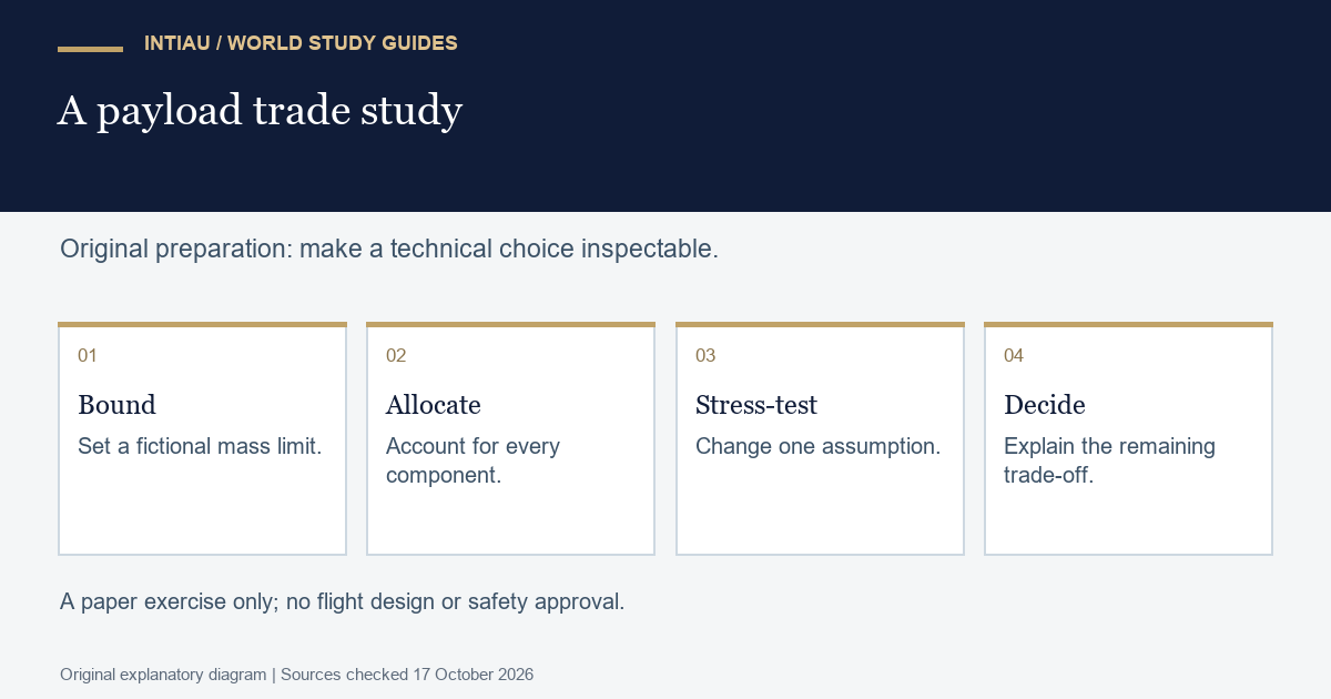 Four cards show a fictional payload mass limit, component allocation, one changed assumption, and a reasoned decision with remaining uncertainty.