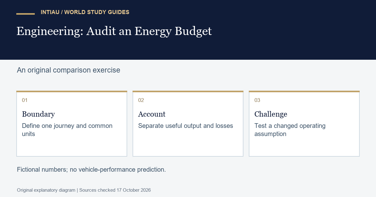 Three cards connect a defined journey with a transparent energy budget and a changed assumption, without claiming measured vehicle performance.