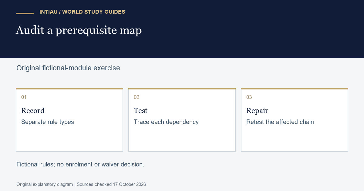 Three original schematic cards guide the learner through recording rules, tracing dependencies and retesting a repaired fictional module plan.