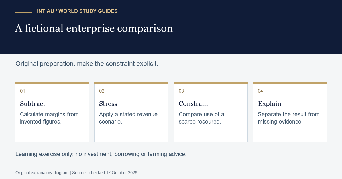 Four cards connect fictional margin arithmetic, a changed revenue scenario, a resource constraint, and an explanation of missing decision evidence.