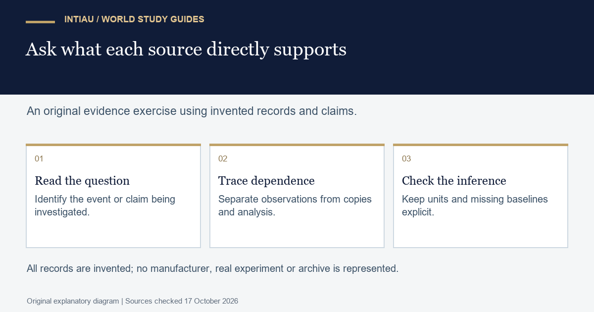 Three cards connect a research question, source dependencies and bounded inference in an original evidence exercise using entirely fictional records.