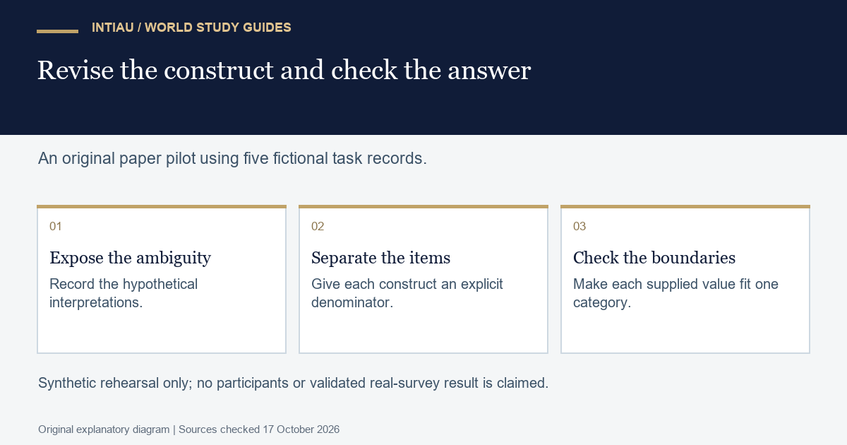 Three cards connect hypothetical ambiguity, separate questionnaire items and checked response boundaries in an original paper pilot using fictional task records.