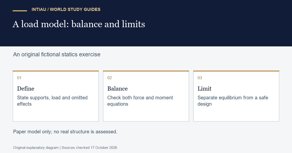 Three cards connect a fictional load definition with two balance checks and a limitation statement, without presenting a construction design or safety verdict.
