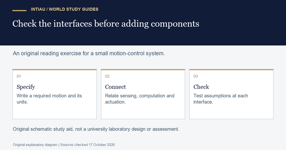 Three connected cards turn a motion requirement into component interfaces and checks, without depicting a real device or a certified design.