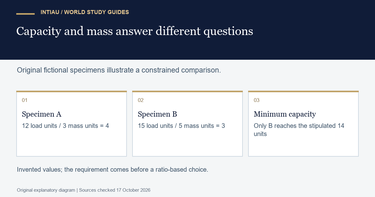 Three cards compare fictional specimen ratios and show why only one specimen meets the separately stated minimum load requirement.