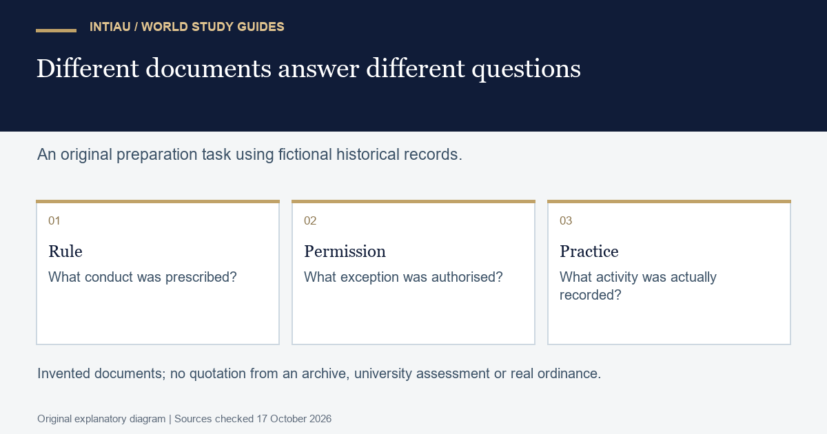Three cards distinguish a fictional rule, permission and practice, illustrating why historical documents require different questions before their evidence is combined.