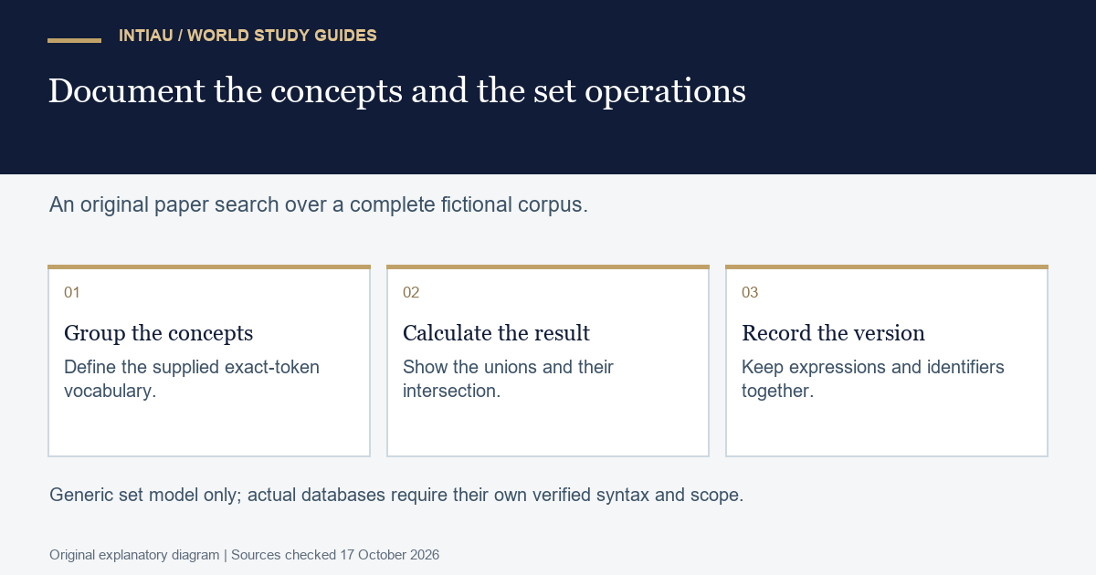 Three cards connect fictional concept groups, calculated result sets and a versioned log in an original paper database search exercise.