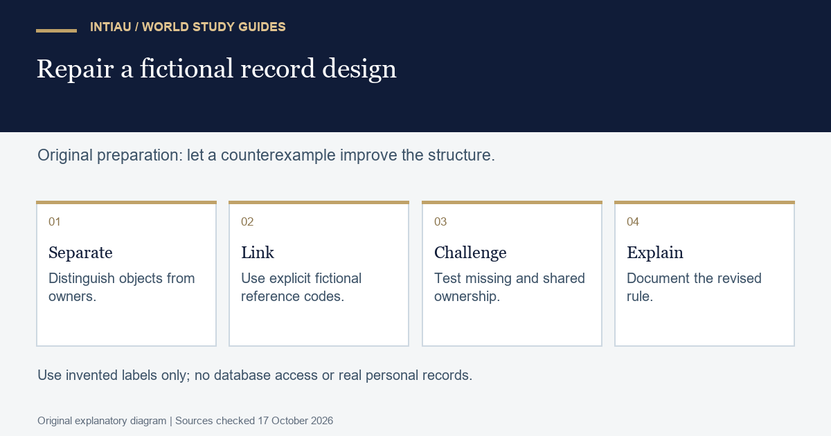 Four cards separate fictional objects and owners, connect reference codes, test missing or shared ownership, and explain a revised data rule.