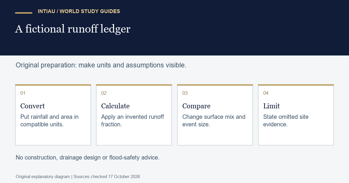 Four cards connect unit conversion, an assumed runoff calculation, two changed conditions, and a clear statement of missing site evidence.