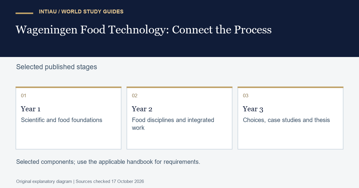 Three cards connect initial science, food-specific development and final applied study, leaving detailed electives and thesis arrangements to the applicable handbook.